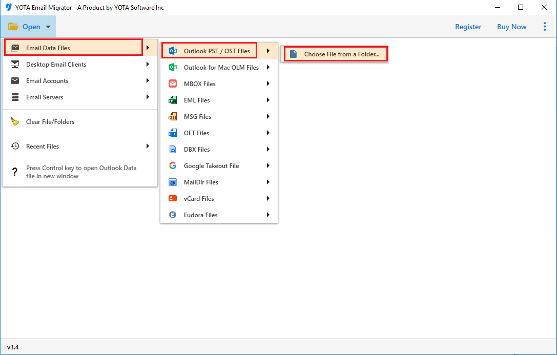 seleccionar Outlook pst archivo